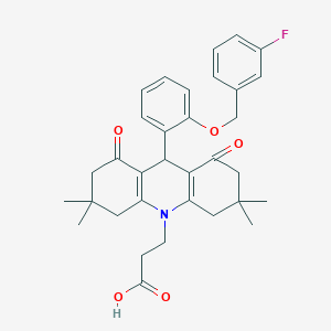 molecular formula C33H36FNO5 B424674 3-(9-{2-[(3-fluorobenzyl)oxy]phenyl}-3,3,6,6-tetramethyl-1,8-dioxo-2,3,4,5,6,7,8,9-octahydro-10(1H)-acridinyl)propanoic acid 