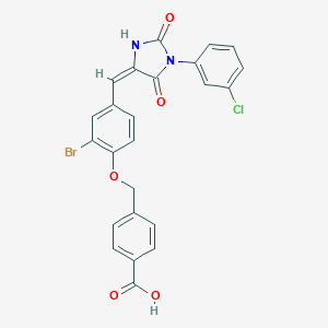 molecular formula C24H16BrClN2O5 B424678 4-[(2-bromo-4-{(E)-[1-(3-chlorophenyl)-2,5-dioxoimidazolidin-4-ylidene]methyl}phenoxy)methyl]benzoic acid 