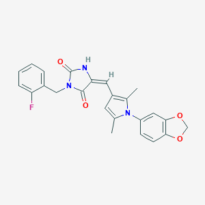 molecular formula C24H20FN3O4 B424689 5-{[1-(1,3-benzodioxol-5-yl)-2,5-dimethyl-1H-pyrrol-3-yl]methylene}-3-(2-fluorobenzyl)-2,4-imidazolidinedione 