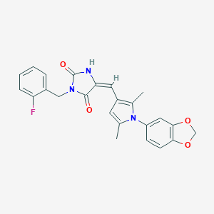 (5E)-5-{[1-(2H-1,3-BENZODIOXOL-5-YL)-2,5-DIMETHYL-1H-PYRROL-3-YL]METHYLIDENE}-3-[(2-FLUOROPHENYL)METHYL]IMIDAZOLIDINE-2,4-DIONE