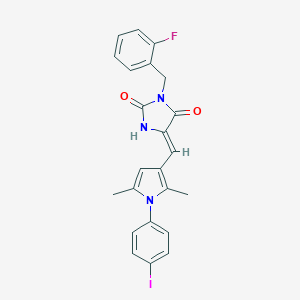 molecular formula C23H19FIN3O2 B424698 3-(2-fluorobenzyl)-5-{[1-(4-iodophenyl)-2,5-dimethyl-1H-pyrrol-3-yl]methylene}-2,4-imidazolidinedione 