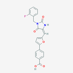 molecular formula C22H15FN2O5 B424703 4-(5-{(E)-[1-(2-fluorobenzyl)-2,5-dioxoimidazolidin-4-ylidene]methyl}furan-2-yl)benzoic acid 