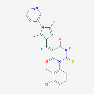 molecular formula C23H19ClN4O2S B424704 (5E)-1-(3-chloro-2-methylphenyl)-5-{[2,5-dimethyl-1-(pyridin-3-yl)-1H-pyrrol-3-yl]methylidene}-2-thioxodihydropyrimidine-4,6(1H,5H)-dione 