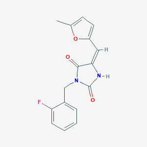 molecular formula C16H13FN2O3 B424707 3-(2-Fluorobenzyl)-5-[(5-methyl-2-furyl)methylene]-2,4-imidazolidinedione 