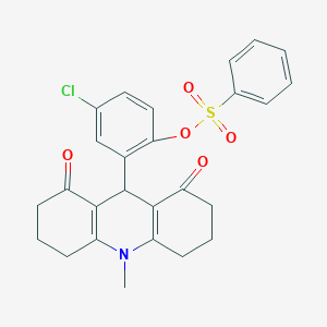 molecular formula C26H24ClNO5S B424709 4-Chloro-2-(10-methyl-1,8-dioxo-1,2,3,4,5,6,7,8,9,10-decahydro-9-acridinyl)phenyl benzenesulfonate 