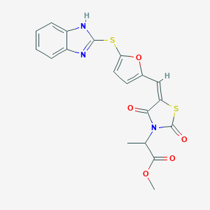 molecular formula C19H15N3O5S2 B424713 methyl 2-[(5E)-5-[[5-(1H-benzimidazol-2-ylsulfanyl)furan-2-yl]methylidene]-2,4-dioxo-1,3-thiazolidin-3-yl]propanoate CAS No. 1084609-79-9