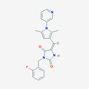 molecular formula C22H19FN4O2 B424717 (5E)-5-{[2,5-dimethyl-1-(pyridin-3-yl)-1H-pyrrol-3-yl]methylidene}-3-(2-fluorobenzyl)imidazolidine-2,4-dione 