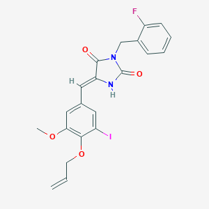 molecular formula C21H18FIN2O4 B424719 (5Z)-3-(2-fluorobenzyl)-5-[3-iodo-5-methoxy-4-(prop-2-en-1-yloxy)benzylidene]imidazolidine-2,4-dione 