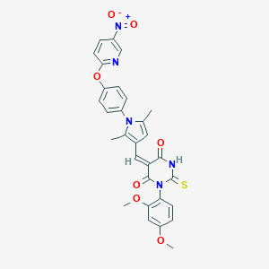 molecular formula C30H25N5O7S B424723 1-(2,4-dimethoxyphenyl)-5-({1-[4-({5-nitro-2-pyridinyl}oxy)phenyl]-2,5-dimethyl-1H-pyrrol-3-yl}methylene)-2-thioxodihydro-4,6(1H,5H)-pyrimidinedione 