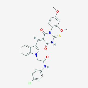 molecular formula C29H23ClN4O5S B424729 N-(4-chlorophenyl)-2-(3-{(E)-[1-(2,4-dimethoxyphenyl)-4,6-dioxo-2-thioxotetrahydropyrimidin-5(2H)-ylidene]methyl}-1H-indol-1-yl)acetamide 
