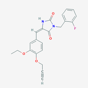 molecular formula C22H19FN2O4 B424753 (5E)-5-[3-ethoxy-4-(prop-2-yn-1-yloxy)benzylidene]-3-(2-fluorobenzyl)imidazolidine-2,4-dione 