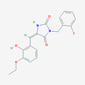 molecular formula C19H17FN2O4 B424771 (5E)-5-(3-ethoxy-2-hydroxybenzylidene)-3-(2-fluorobenzyl)imidazolidine-2,4-dione 