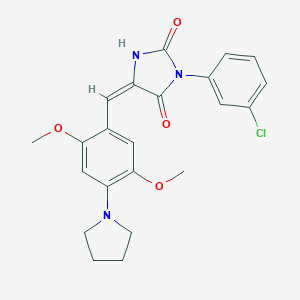 molecular formula C22H22ClN3O4 B424774 (5E)-3-(3-chlorophenyl)-5-[2,5-dimethoxy-4-(pyrrolidin-1-yl)benzylidene]imidazolidine-2,4-dione CAS No. 664358-29-6