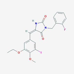 molecular formula C20H18FIN2O4 B424776 (5E)-5-(3-ethoxy-5-iodo-4-methoxybenzylidene)-3-(2-fluorobenzyl)imidazolidine-2,4-dione 