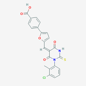 molecular formula C23H15ClN2O5S B424783 4-(5-{(E)-[1-(3-chloro-2-methylphenyl)-4,6-dioxo-2-thioxotetrahydropyrimidin-5(2H)-ylidene]methyl}furan-2-yl)benzoic acid 