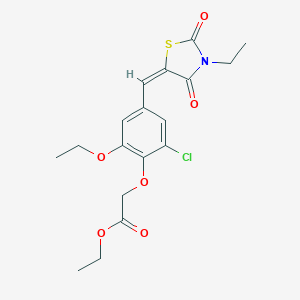 molecular formula C18H20ClNO6S B424803 ethyl {2-chloro-6-ethoxy-4-[(E)-(3-ethyl-2,4-dioxo-1,3-thiazolidin-5-ylidene)methyl]phenoxy}acetate 