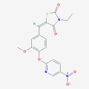 molecular formula C18H15N3O6S B424827 (5E)-3-ethyl-5-{3-methoxy-4-[(5-nitropyridin-2-yl)oxy]benzylidene}-1,3-thiazolidine-2,4-dione 