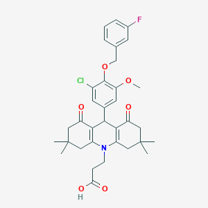 molecular formula C34H37ClFNO6 B424830 3-(9-{3-chloro-4-[(3-fluorobenzyl)oxy]-5-methoxyphenyl}-3,3,6,6-tetramethyl-1,8-dioxo-2,3,4,5,6,7,8,9-octahydro-10(1H)-acridinyl)propanoic acid 
