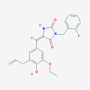 molecular formula C22H21FN2O4 B424831 (5E)-5-[3-ethoxy-4-hydroxy-5-(prop-2-en-1-yl)benzylidene]-3-(2-fluorobenzyl)imidazolidine-2,4-dione 