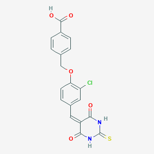 molecular formula C19H13ClN2O5S B424833 4-({2-chloro-4-[(4,6-dioxo-2-thioxotetrahydro-5(2H)-pyrimidinylidene)methyl]phenoxy}methyl)benzoic acid 