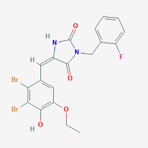 molecular formula C19H15Br2FN2O4 B424845 5-(2,3-Dibromo-5-ethoxy-4-hydroxybenzylidene)-3-(2-fluorobenzyl)-2,4-imidazolidinedione 