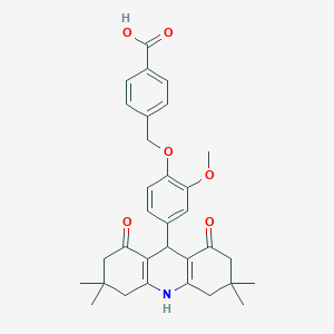 molecular formula C32H35NO6 B424849 4-{[2-Methoxy-4-(3,3,6,6-tetramethyl-1,8-dioxo-1,2,3,4,5,6,7,8,9,10-decahydro-9-acridinyl)phenoxy]methyl}benzoic acid 