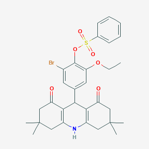molecular formula C31H34BrNO6S B424853 2-Bromo-6-ethoxy-4-(3,3,6,6-tetramethyl-1,8-dioxo-1,2,3,4,5,6,7,8,9,10-decahydro-9-acridinyl)phenyl benzenesulfonate 