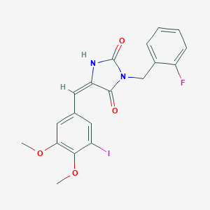 molecular formula C19H16FIN2O4 B424870 (5E)-3-(2-fluorobenzyl)-5-(3-iodo-4,5-dimethoxybenzylidene)imidazolidine-2,4-dione 