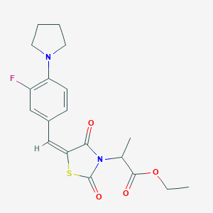 molecular formula C19H21FN2O4S B424877 ethyl 2-{(5E)-5-[3-fluoro-4-(pyrrolidin-1-yl)benzylidene]-2,4-dioxo-1,3-thiazolidin-3-yl}propanoate 