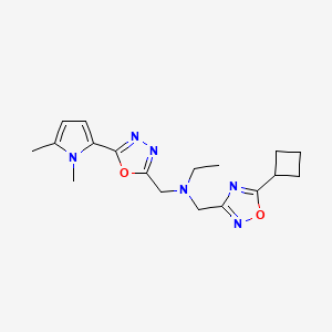 molecular formula C18H24N6O2 B4248786 N-[(5-cyclobutyl-1,2,4-oxadiazol-3-yl)methyl]-N-{[5-(1,5-dimethyl-1H-pyrrol-2-yl)-1,3,4-oxadiazol-2-yl]methyl}ethanamine 