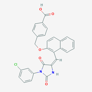 molecular formula C28H19ClN2O5 B424879 4-{[(1-{(E)-[1-(3-chlorophenyl)-2,5-dioxoimidazolidin-4-ylidene]methyl}naphthalen-2-yl)oxy]methyl}benzoic acid 