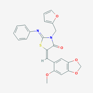 molecular formula C23H18N2O5S B424907 (5E)-3-(furan-2-ylmethyl)-5-[(6-methoxy-1,3-benzodioxol-5-yl)methylidene]-2-(phenylimino)-1,3-thiazolidin-4-one 