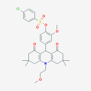 molecular formula C33H38ClNO7S B424915 2-Methoxy-4-[10-(2-methoxyethyl)-3,3,6,6-tetramethyl-1,8-dioxo-1,2,3,4,5,6,7,8,9,10-decahydro-9-acridinyl]phenyl 4-chlorobenzenesulfonate 