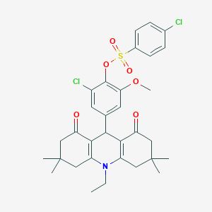 molecular formula C32H35Cl2NO6S B424929 2-Chloro-4-(10-ethyl-3,3,6,6-tetramethyl-1,8-dioxo-1,2,3,4,5,6,7,8,9,10-decahydro-9-acridinyl)-6-methoxyphenyl 4-chlorobenzenesulfonate 