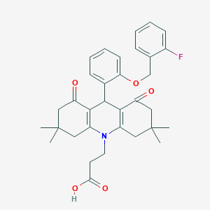 molecular formula C33H36FNO5 B424935 3-(9-{2-[(2-fluorobenzyl)oxy]phenyl}-3,3,6,6-tetramethyl-1,8-dioxo-2,3,4,5,6,7,8,9-octahydro-10(1H)-acridinyl)propanoic acid 