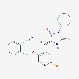 molecular formula C24H22BrN3O2S B424982 2-({4-Bromo-2-[(1-cyclohexyl-5-oxo-2-thioxo-4-imidazolidinylidene)methyl]phenoxy}methyl)benzonitrile 