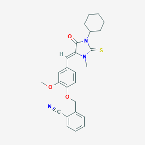 molecular formula C26H27N3O3S B425008 2-({4-[(1-Cyclohexyl-3-methyl-5-oxo-2-thioxo-4-imidazolidinylidene)methyl]-2-methoxyphenoxy}methyl)benzonitrile 