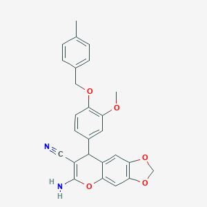 molecular formula C26H22N2O5 B425041 6-amino-8-{3-methoxy-4-[(4-methylbenzyl)oxy]phenyl}-8H-[1,3]dioxolo[4,5-g]chromene-7-carbonitrile 