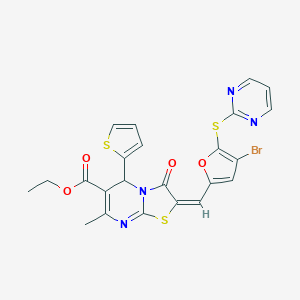 molecular formula C23H17BrN4O4S3 B425110 ethyl (2E)-2-{[4-bromo-5-(pyrimidin-2-ylsulfanyl)furan-2-yl]methylidene}-7-methyl-3-oxo-5-(thiophen-2-yl)-2,3-dihydro-5H-[1,3]thiazolo[3,2-a]pyrimidine-6-carboxylate 