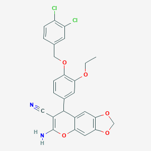 molecular formula C26H20Cl2N2O5 B425115 6-amino-8-{4-[(3,4-dichlorobenzyl)oxy]-3-ethoxyphenyl}-8H-[1,3]dioxolo[4,5-g]chromene-7-carbonitrile 