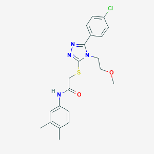 molecular formula C21H23ClN4O2S B425232 2-{[5-(4-chlorophenyl)-4-(2-methoxyethyl)-4H-1,2,4-triazol-3-yl]sulfanyl}-N-(3,4-dimethylphenyl)acetamide 