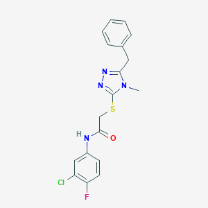 molecular formula C18H16ClFN4OS B425259 2-[(5-benzyl-4-methyl-4H-1,2,4-triazol-3-yl)sulfanyl]-N-(3-chloro-4-fluorophenyl)acetamide 