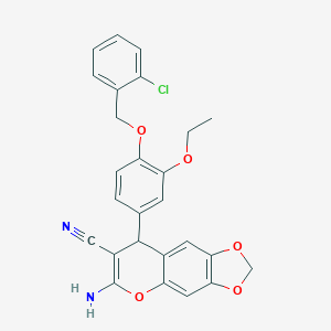 molecular formula C26H21ClN2O5 B425303 6-amino-8-{4-[(2-chlorobenzyl)oxy]-3-ethoxyphenyl}-8H-[1,3]dioxolo[4,5-g]chromene-7-carbonitrile 