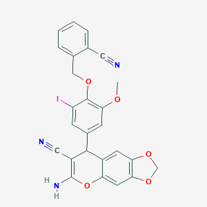 molecular formula C26H18IN3O5 B425311 6-amino-8-{4-[(2-cyanobenzyl)oxy]-3-iodo-5-methoxyphenyl}-8H-[1,3]dioxolo[4,5-g]chromene-7-carbonitrile 