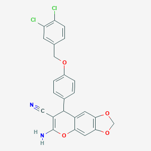 molecular formula C24H16Cl2N2O4 B425323 6-amino-8-{4-[(3,4-dichlorobenzyl)oxy]phenyl}-8H-[1,3]dioxolo[4,5-g]chromene-7-carbonitrile 