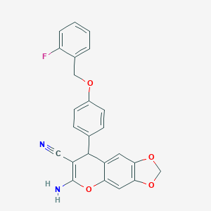 molecular formula C24H17FN2O4 B425329 6-amino-8-{4-[(2-fluorobenzyl)oxy]phenyl}-8H-[1,3]dioxolo[4,5-g]chromene-7-carbonitrile 