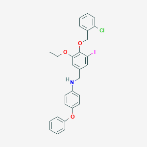 molecular formula C28H25ClINO3 B425447 N-{4-[(2-chlorobenzyl)oxy]-3-ethoxy-5-iodobenzyl}-N-(4-phenoxyphenyl)amine 