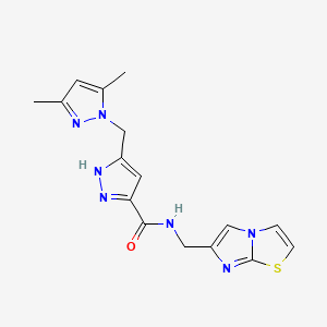 molecular formula C16H17N7OS B4254870 5-[(3,5-dimethyl-1H-pyrazol-1-yl)methyl]-N-(imidazo[2,1-b][1,3]thiazol-6-ylmethyl)-1H-pyrazole-3-carboxamide 