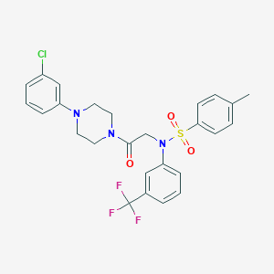molecular formula C26H25ClF3N3O3S B425501 N-{2-[4-(3-chlorophenyl)-1-piperazinyl]-2-oxoethyl}-4-methyl-N-[3-(trifluoromethyl)phenyl]benzenesulfonamide 