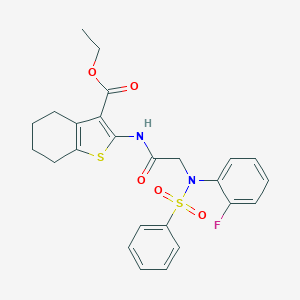 molecular formula C25H25FN2O5S2 B425523 Ethyl 2-({[2-fluoro(phenylsulfonyl)anilino]acetyl}amino)-4,5,6,7-tetrahydro-1-benzothiophene-3-carboxylate 